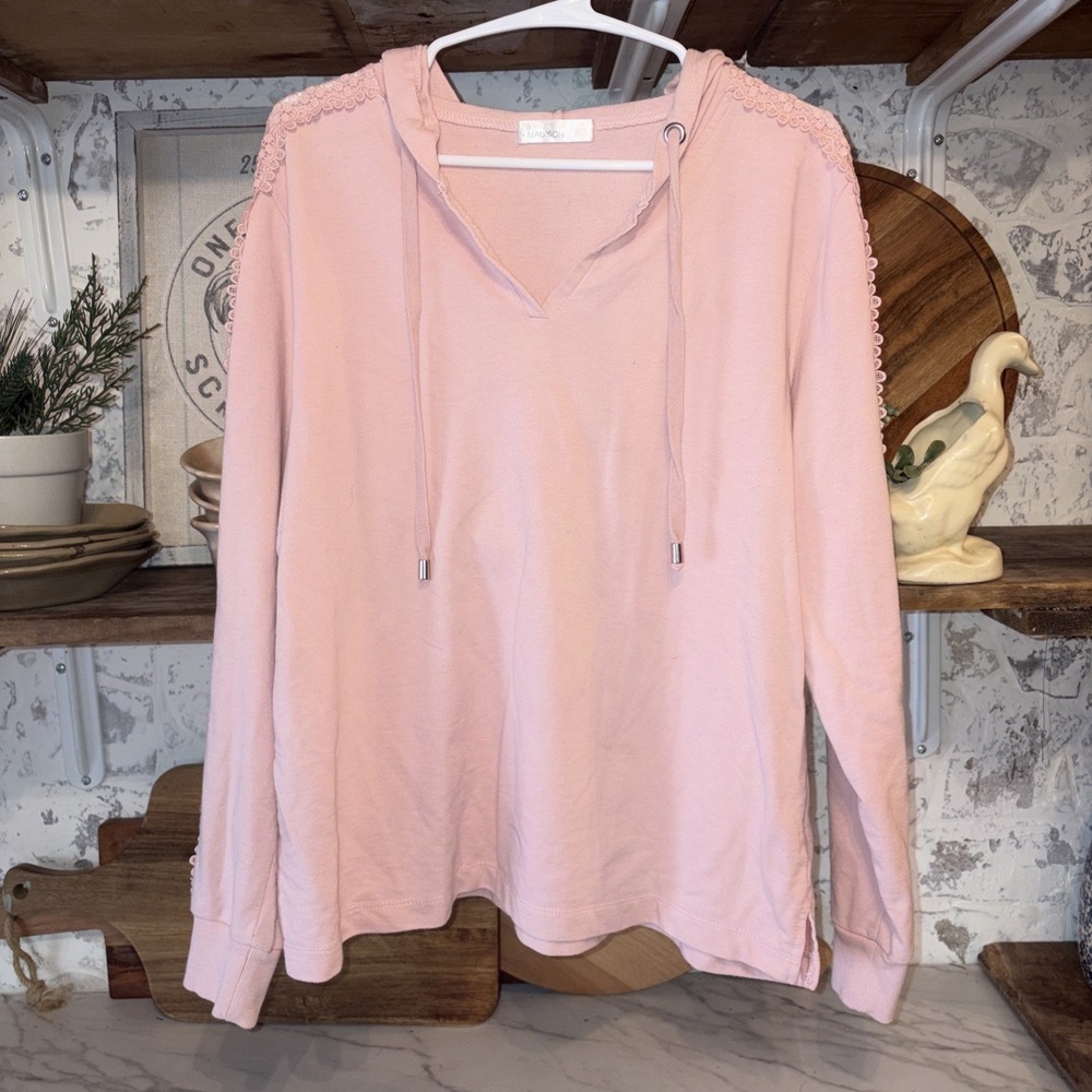 89th + Madison Romantic Lace Sleeve Women's L Pink Cottagecore Hooded Sweatshirt